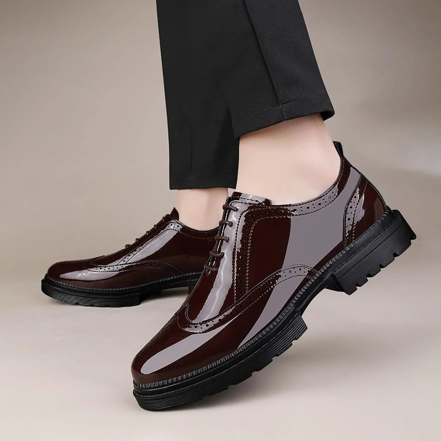 Men's Patent Leather Carved Brogue Oxford Slip Resistant Shiny and Breathable Cow Shoes, Casual Thick Sole Business Shoes