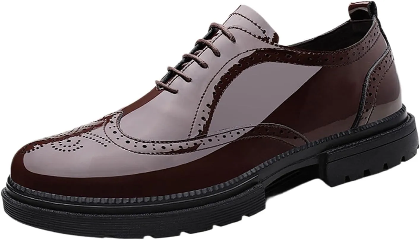 Men's Patent Leather Carved Brogue Oxford Slip Resistant Shiny and Breathable Cow Shoes, Casual Thick Sole Business Shoes