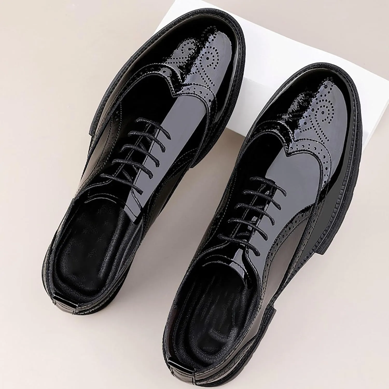 Men's Patent Leather Carved Brogue Oxford Slip Resistant Shiny and Breathable Cow Shoes, Casual Thick Sole Business Shoes