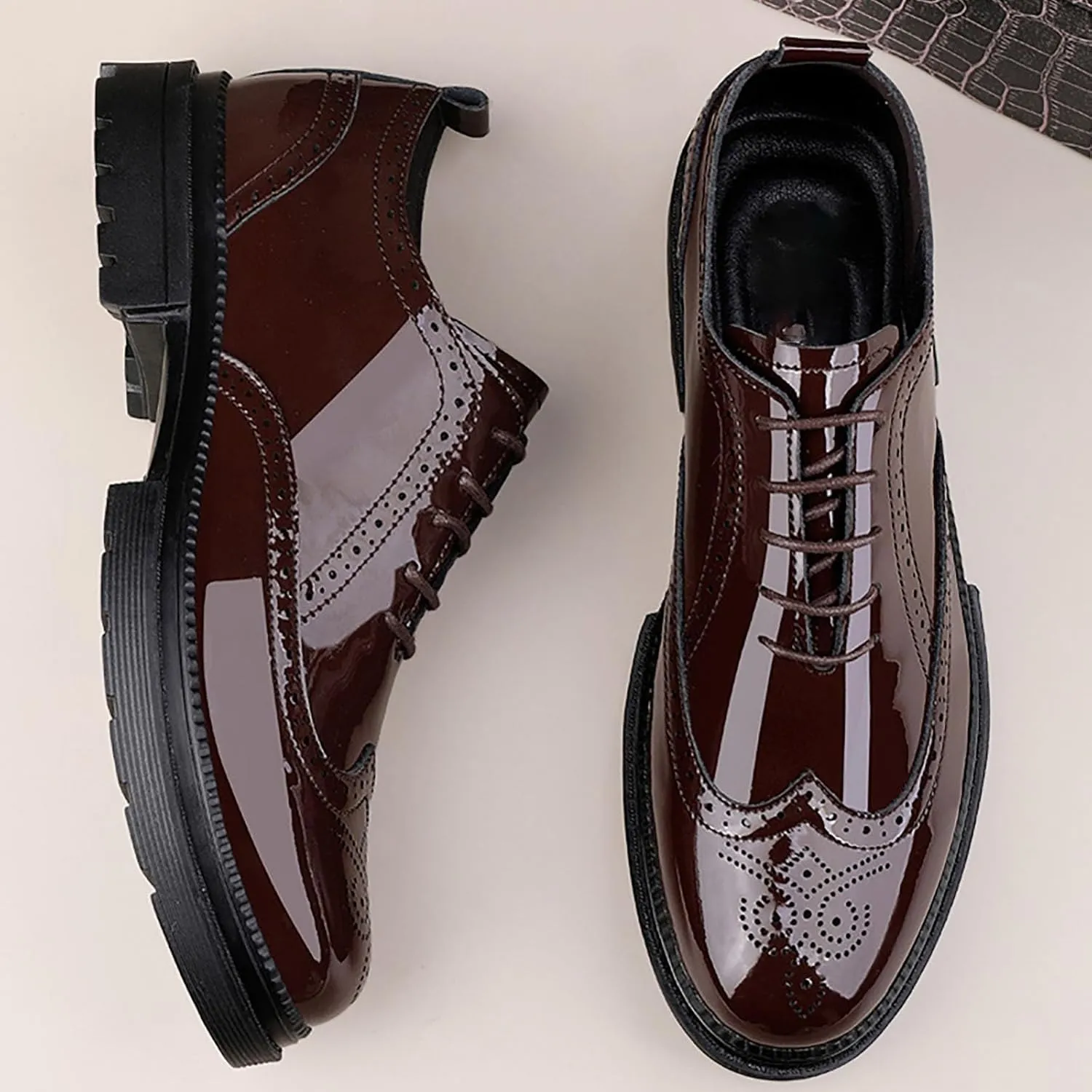 Men's Patent Leather Carved Brogue Oxford Slip Resistant Shiny and Breathable Cow Shoes, Casual Thick Sole Business Shoes
