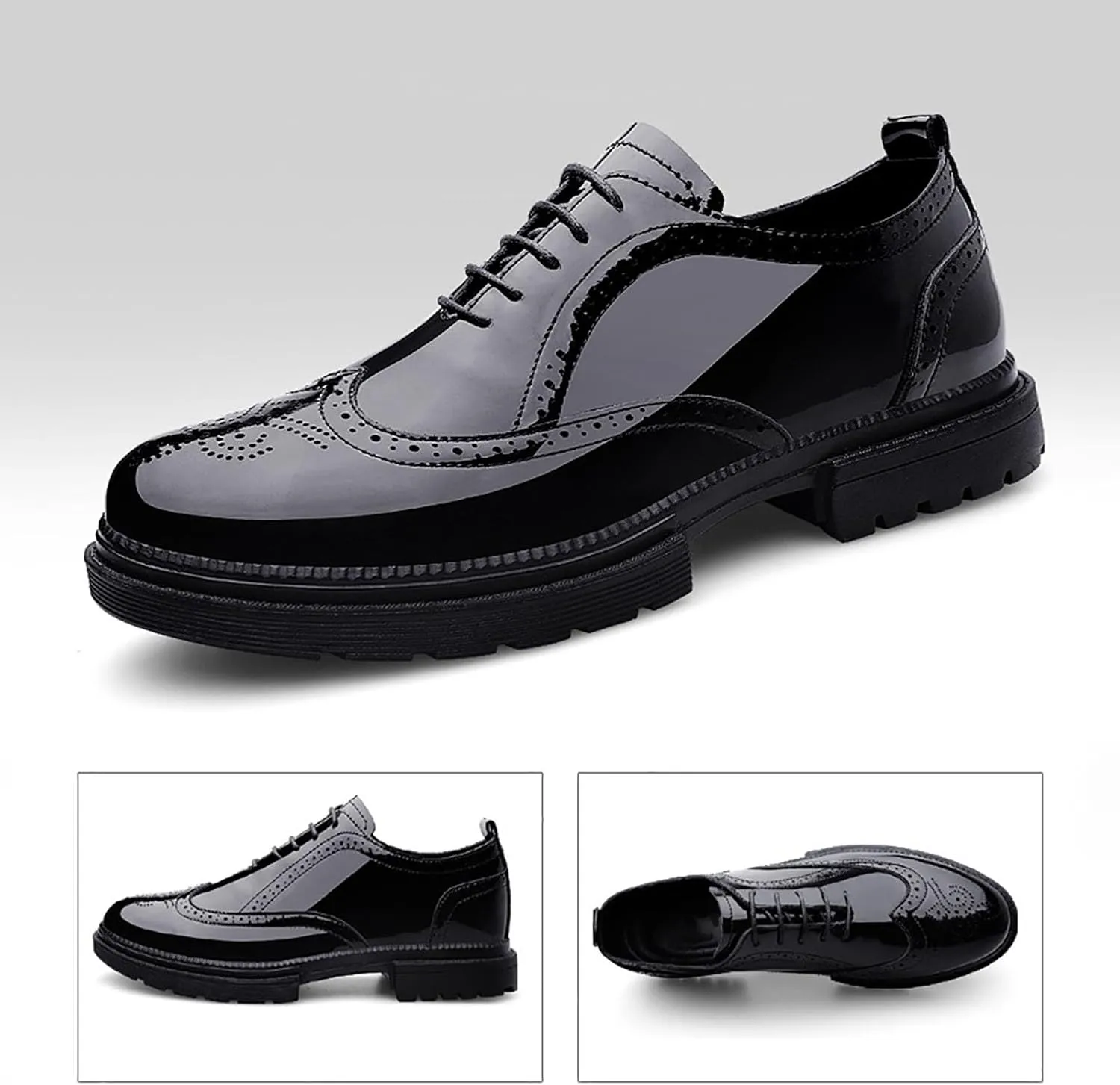 Men's Patent Leather Carved Brogue Oxford Slip Resistant Shiny and Breathable Cow Shoes, Casual Thick Sole Business Shoes