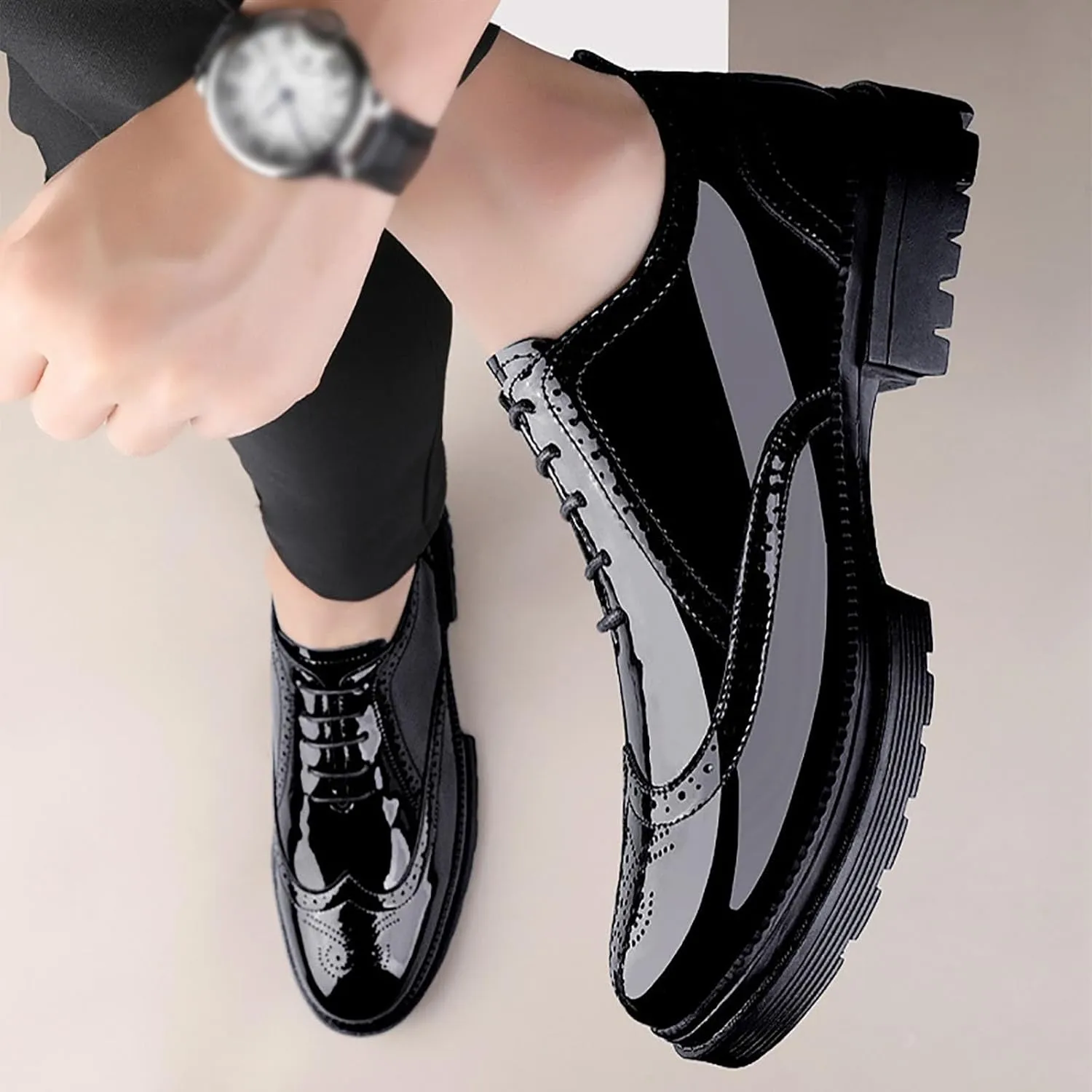 Men's Patent Leather Carved Brogue Oxford Slip Resistant Shiny and Breathable Cow Shoes, Casual Thick Sole Business Shoes