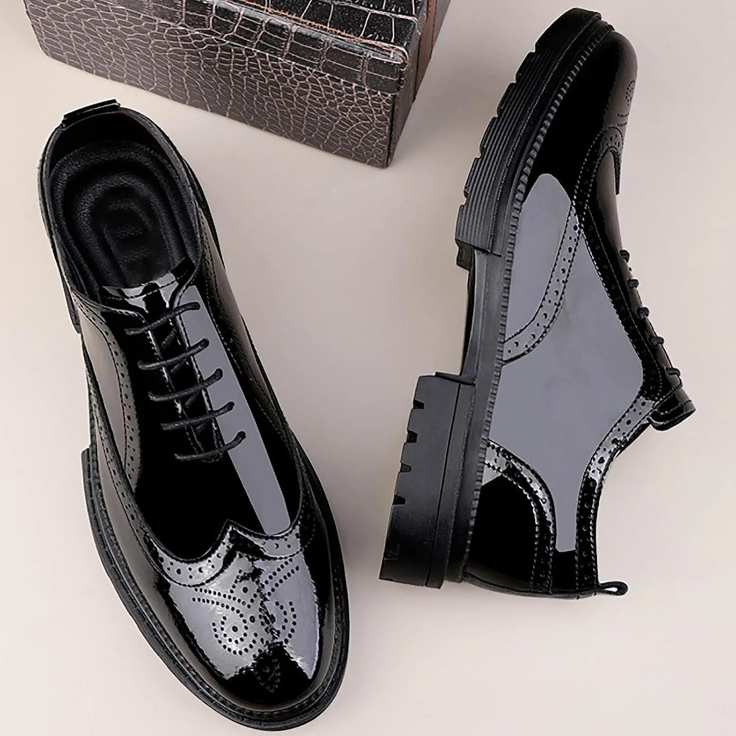Men's Patent Leather Carved Brogue Oxford Slip Resistant Shiny and Breathable Cow Shoes, Casual Thick Sole Business Shoes