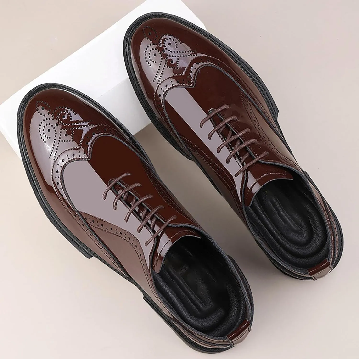 Men's Patent Leather Carved Brogue Oxford Slip Resistant Shiny and Breathable Cow Shoes, Casual Thick Sole Business Shoes