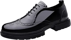 Men's Patent Leather Carved Brogue Oxford Slip Resistant Shiny and Breathable Cow Shoes, Casual Thick Sole Business Shoes