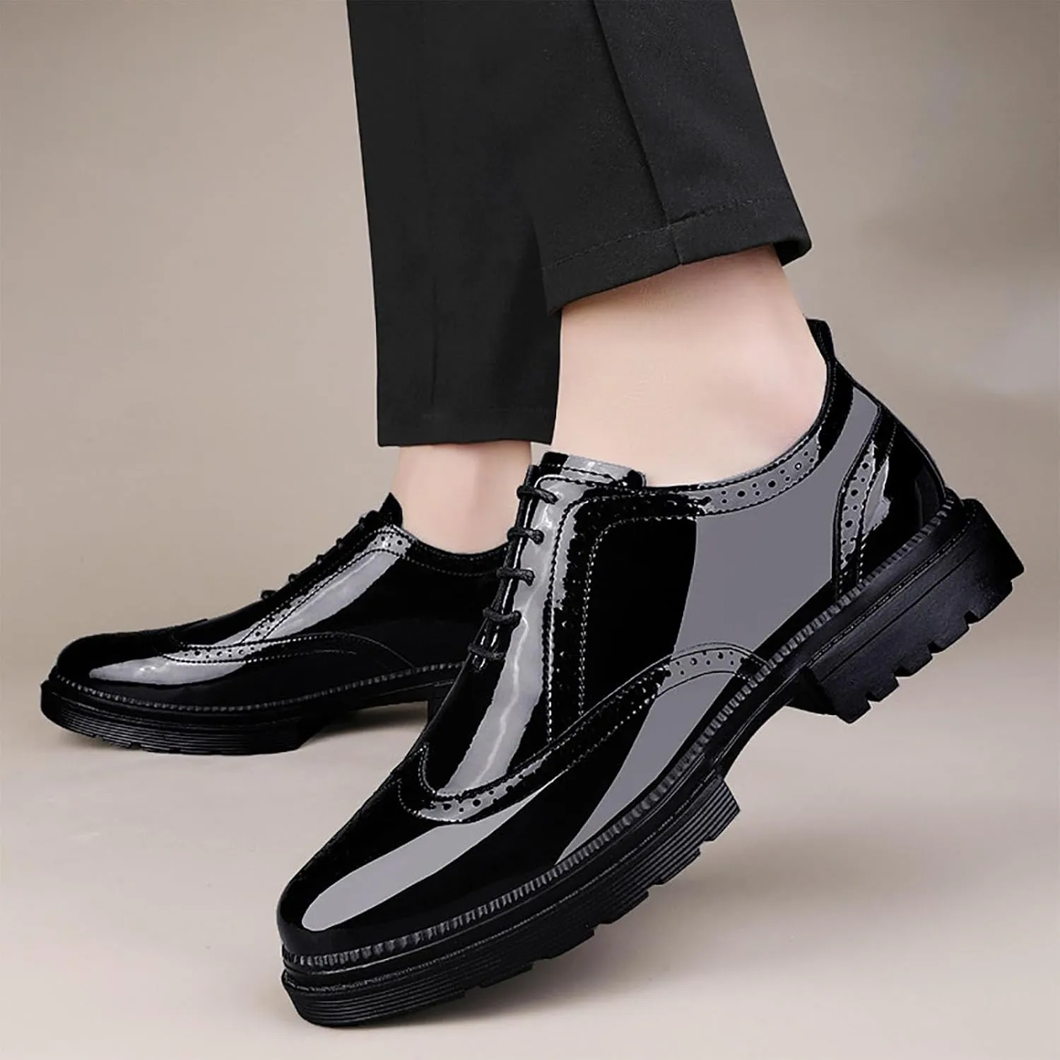Men's Patent Leather Carved Brogue Oxford Slip Resistant Shiny and Breathable Cow Shoes, Casual Thick Sole Business Shoes