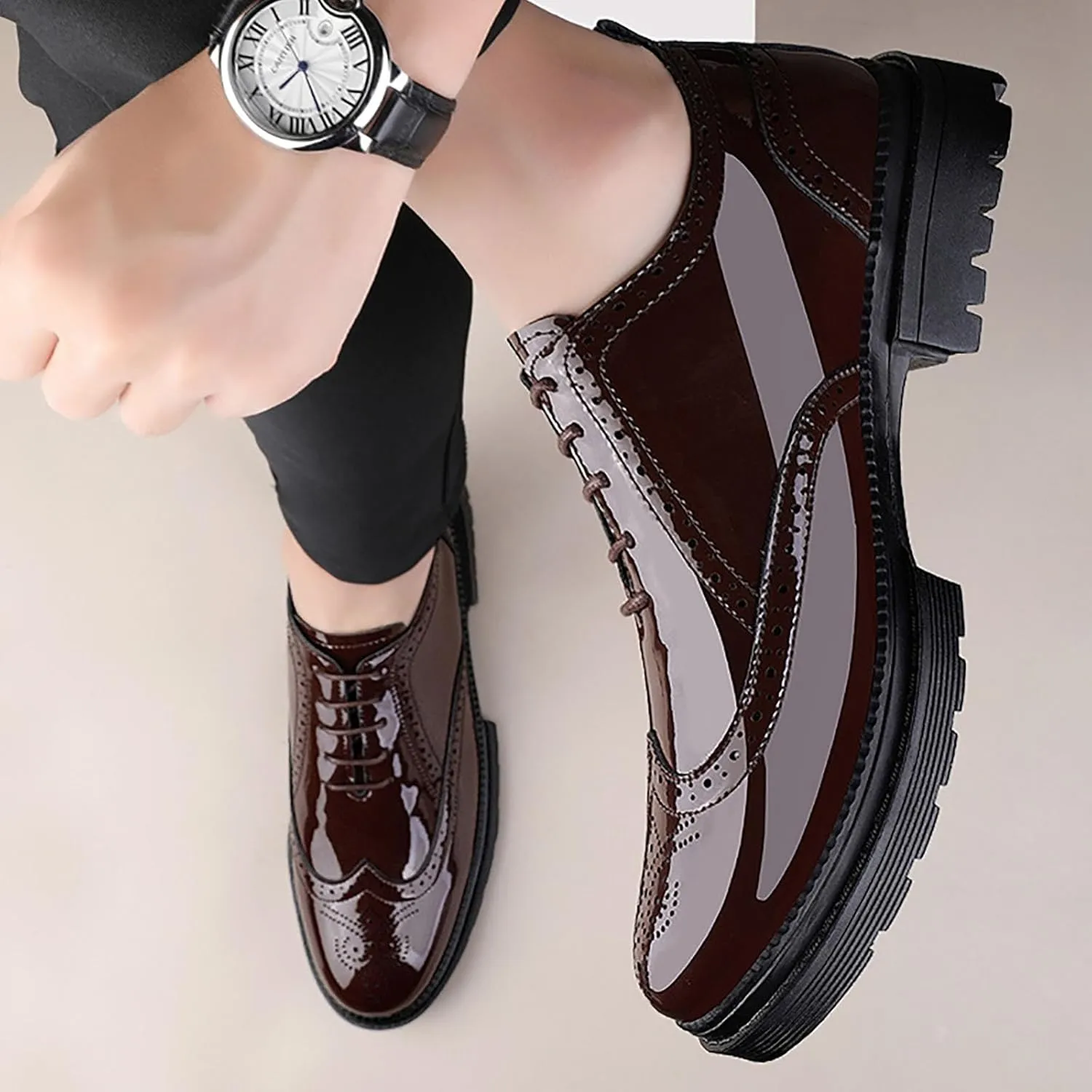 Men's Patent Leather Carved Brogue Oxford Slip Resistant Shiny and Breathable Cow Shoes, Casual Thick Sole Business Shoes