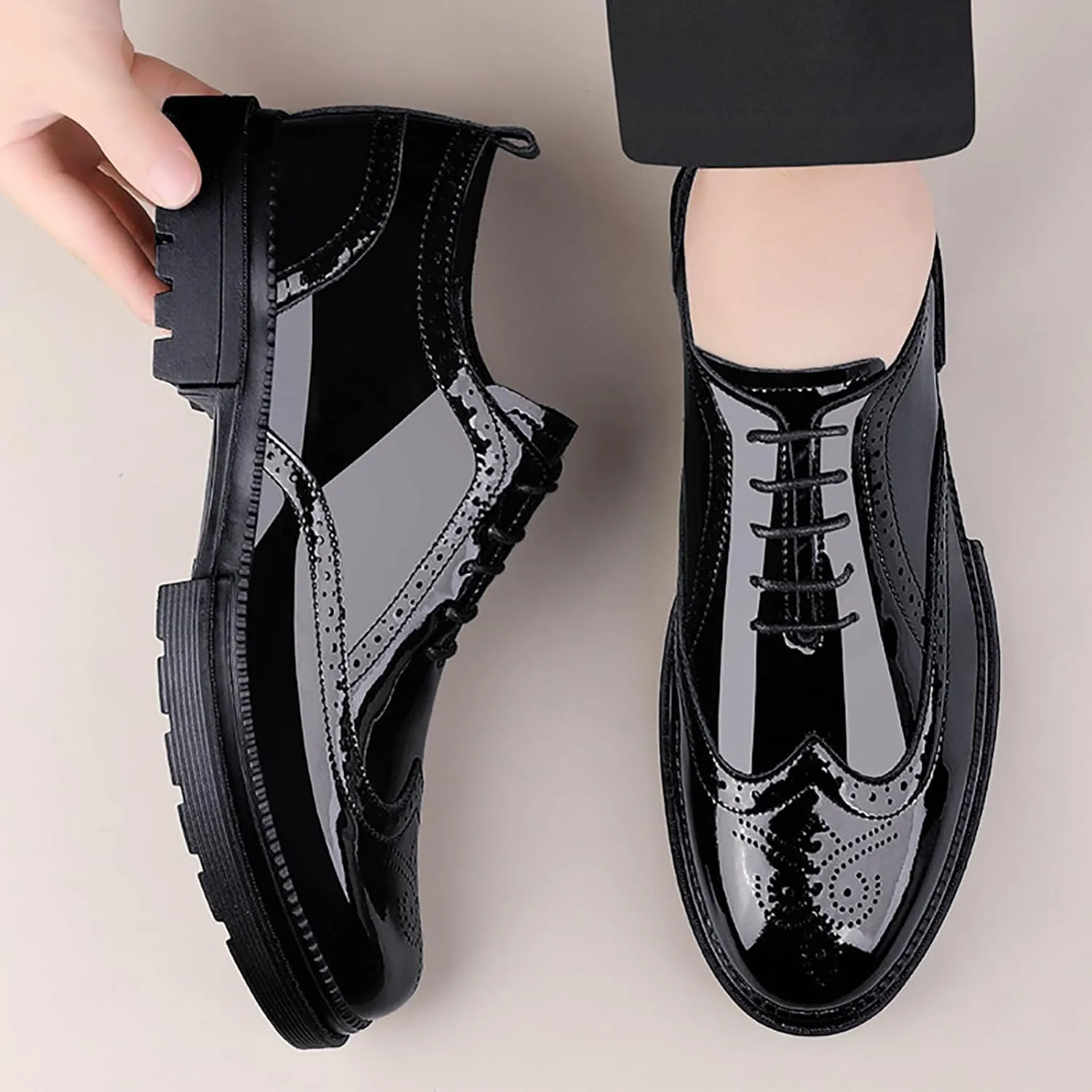 Men's Patent Leather Carved Brogue Oxford Slip Resistant Shiny and Breathable Cow Shoes, Casual Thick Sole Business Shoes