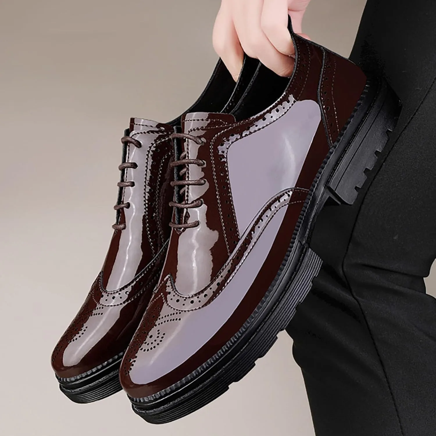 Men's Patent Leather Carved Brogue Oxford Slip Resistant Shiny and Breathable Cow Shoes, Casual Thick Sole Business Shoes