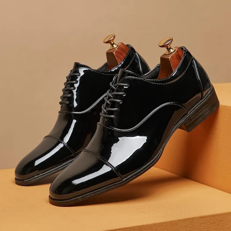 Men's Patent Leather Dress Shoes, Lace Up Platform Work Oxfords Round Toe Slip Resistant Low Top Lug Sole Brogues Dress Shoes Comfortable Business Formal Shoes