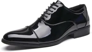 Men's Patent Leather Dress Shoes, Lace Up Platform Work Oxfords Round Toe Slip Resistant Low Top Lug Sole Brogues Dress Shoes Comfortable Business Formal Shoes