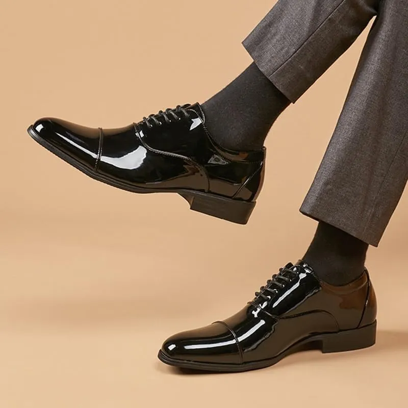 Men's Patent Leather Dress Shoes, Lace Up Platform Work Oxfords Round Toe Slip Resistant Low Top Lug Sole Brogues Dress Shoes Comfortable Business Formal Shoes