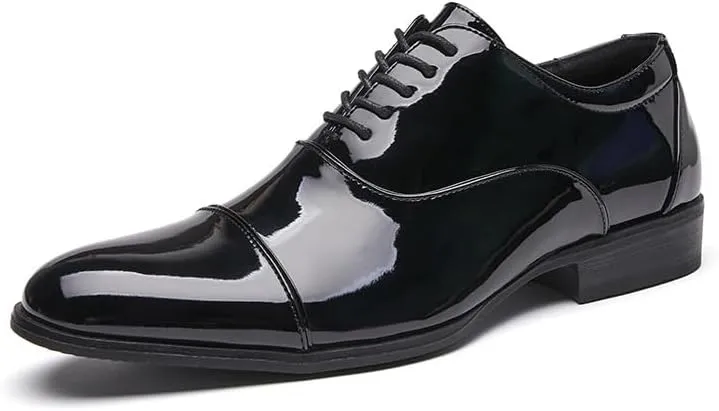 Men's Patent Leather Dress Shoes, Lace Up Platform Work Oxfords Round Toe Slip Resistant Low Top Lug Sole Brogues Dress Shoes Comfortable Business Formal Shoes