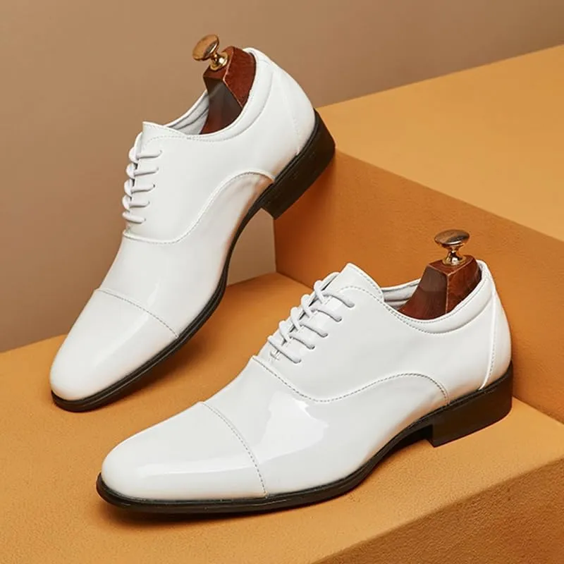 Men's Patent Leather Dress Shoes, Lace Up Platform Work Oxfords Round Toe Slip Resistant Low Top Lug Sole Brogues Dress Shoes Comfortable Business Formal Shoes