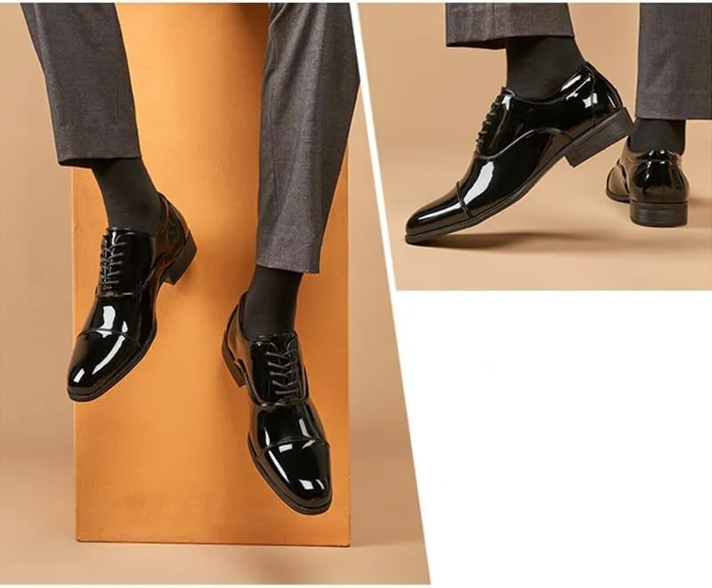 Men's Patent Leather Dress Shoes, Lace Up Platform Work Oxfords Round Toe Slip Resistant Low Top Lug Sole Brogues Dress Shoes Comfortable Business Formal Shoes