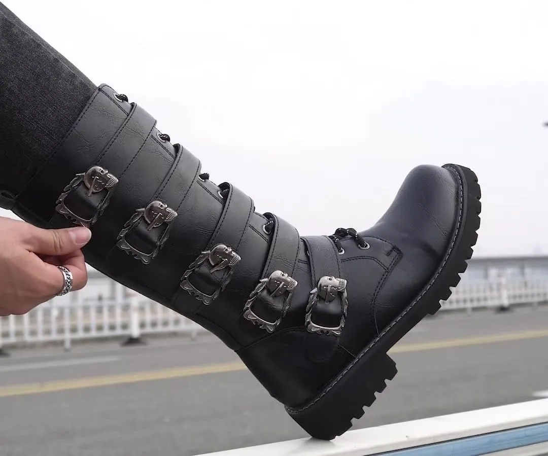 Men's Retro Motorcycle Boots Leather Mid-Calf High Waterproof Motorcycle Biker Riding Punk Rock Shoes
