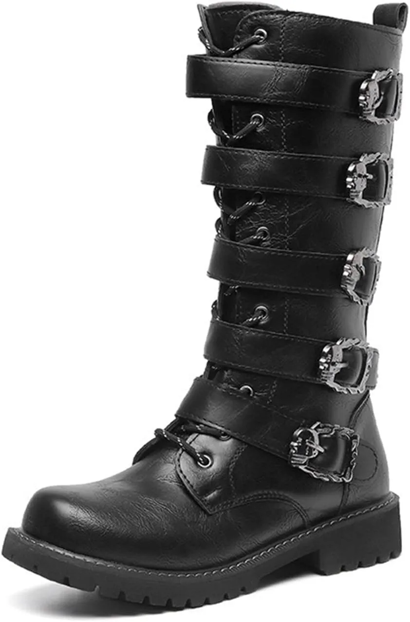 Men's Retro Motorcycle Boots Leather Mid-Calf High Waterproof Motorcycle Biker Riding Punk Rock Shoes