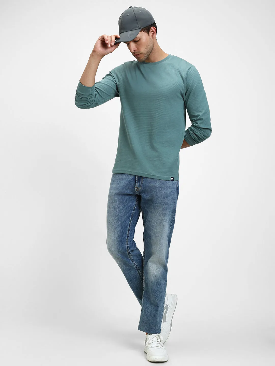 Men's Sea Blue Round Neck Long - Sleeves Casual T-Shirt