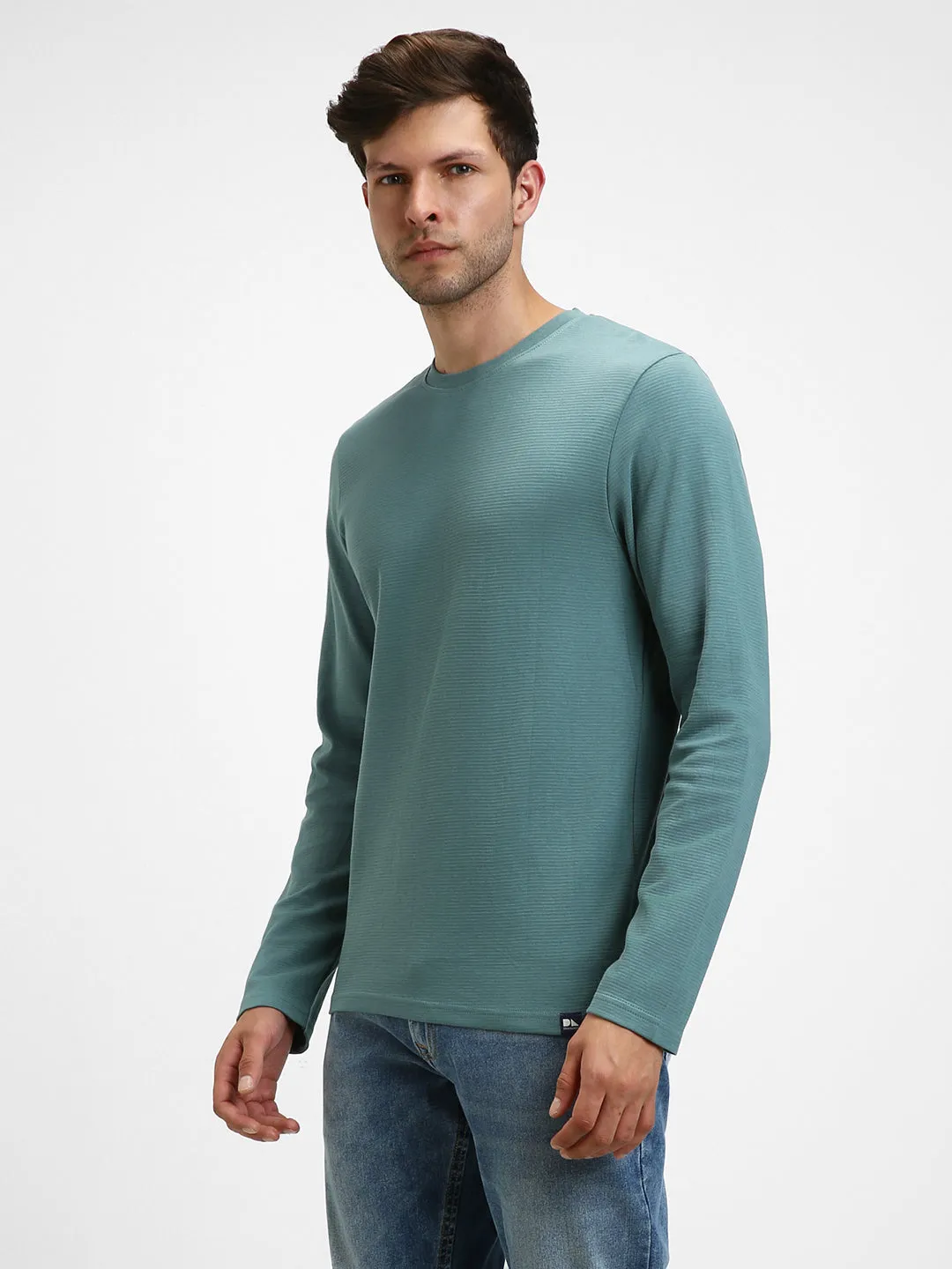 Men's Sea Blue Round Neck Long - Sleeves Casual T-Shirt