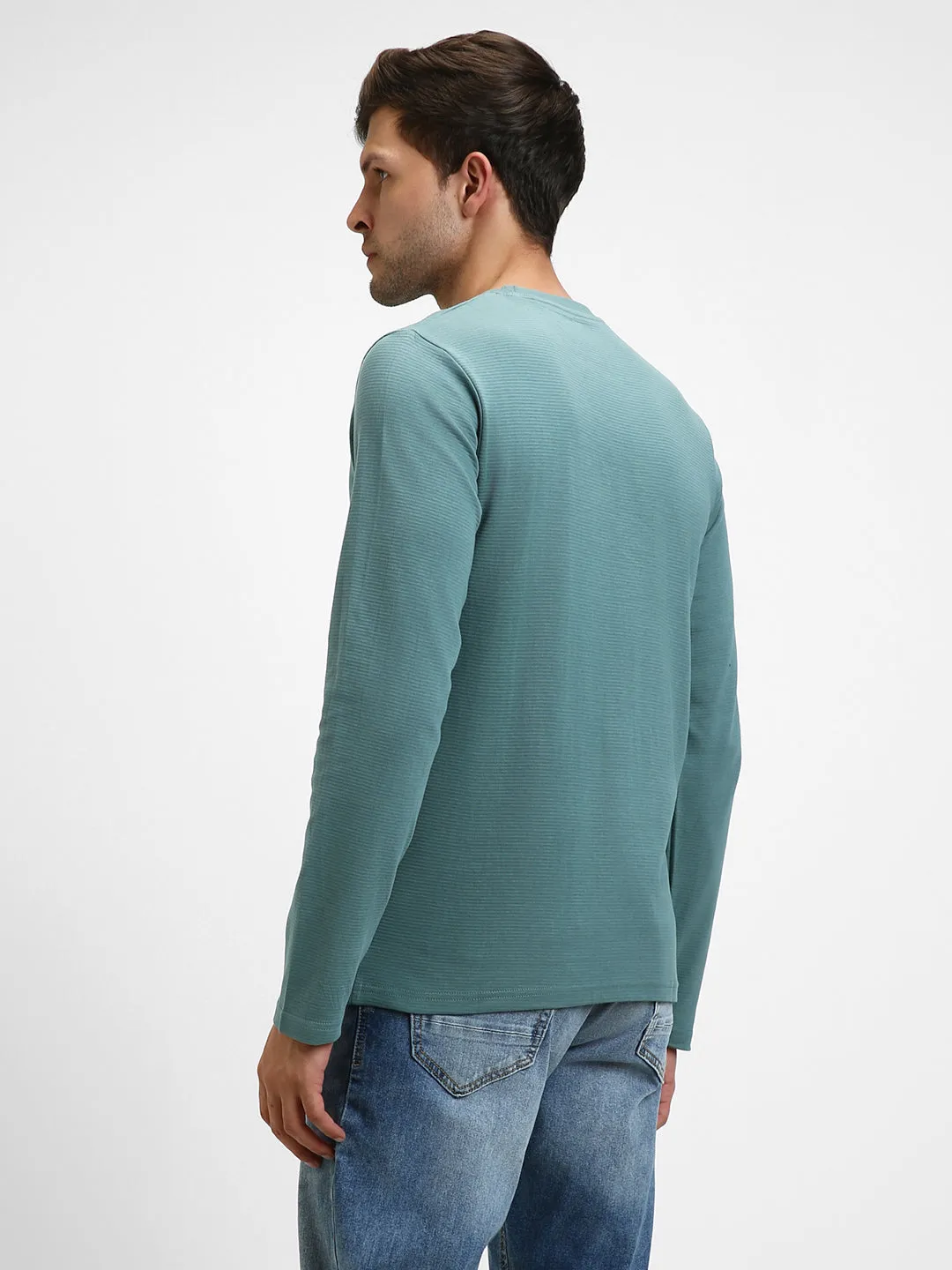 Men's Sea Blue Round Neck Long - Sleeves Casual T-Shirt