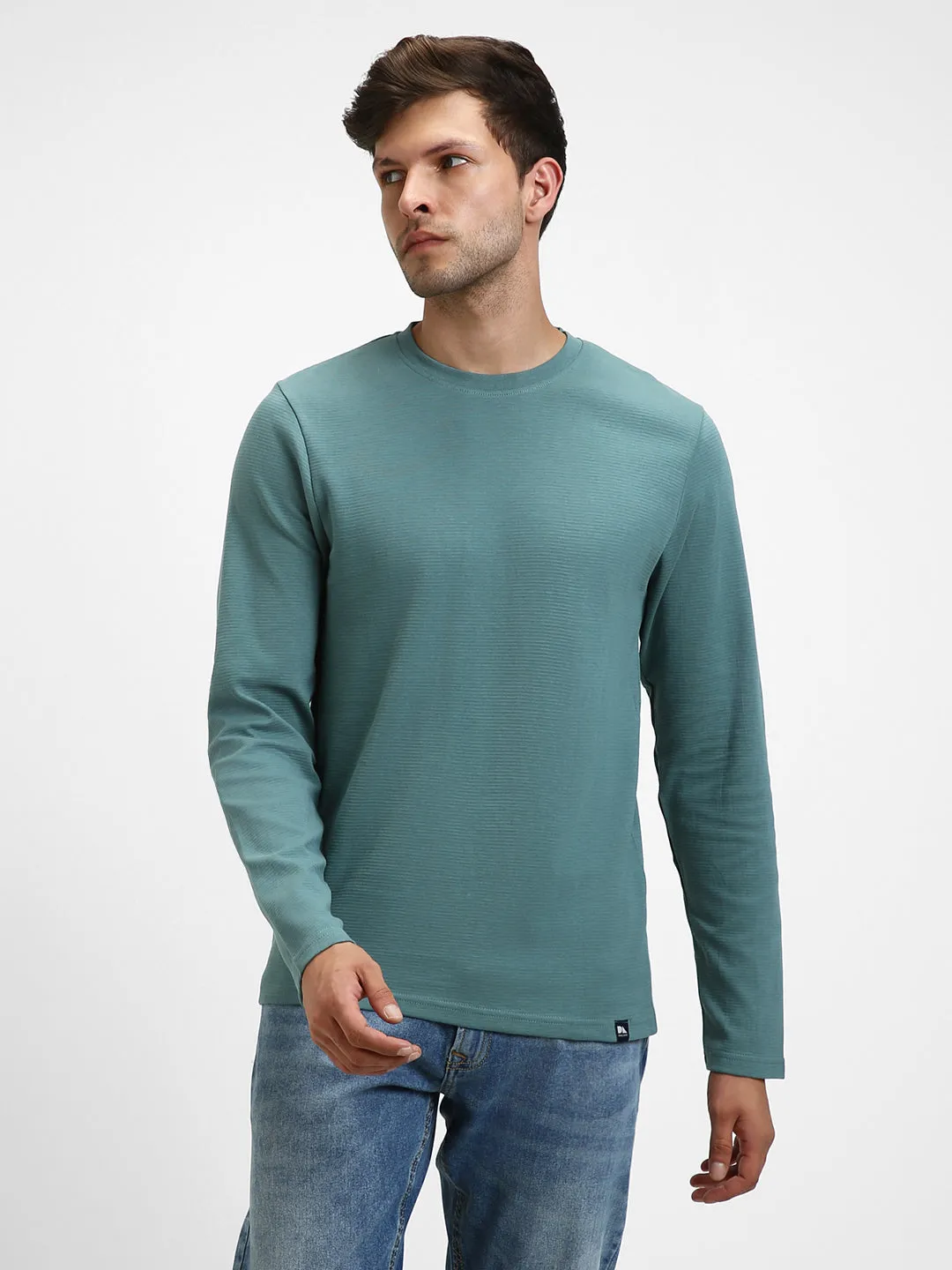 Men's Sea Blue Round Neck Long - Sleeves Casual T-Shirt