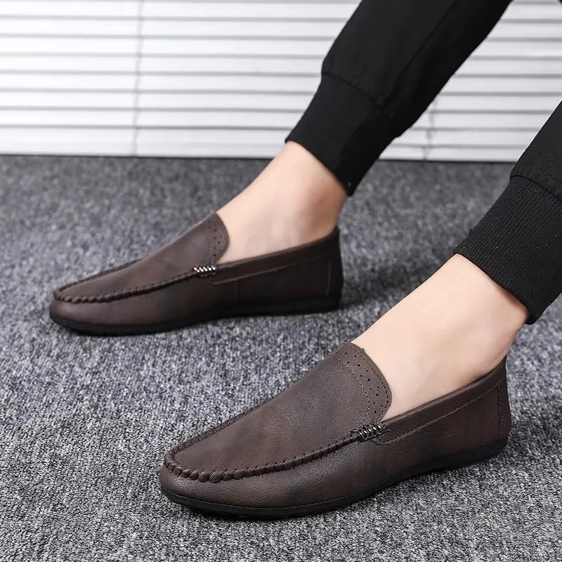 Men's Vegan Leather Loafers ?C Round Toe Lightweight Flat Heel Slip-Ons, Flexible Comfortable Shoes for Party, Prom, and Casual Wear