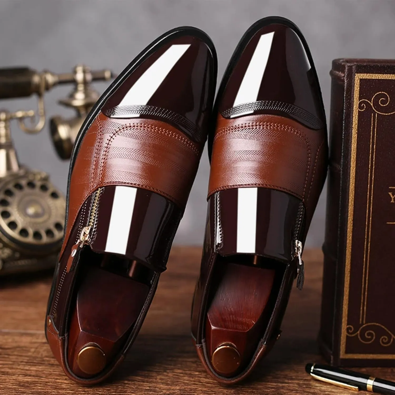 Men's Zipper Dress Shoes Patent Leather Loafers Classic Moccasins Oxford Formal Business Tuxedo Shoes