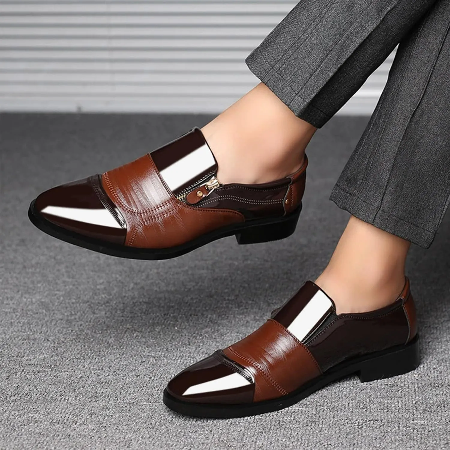 Men's Zipper Dress Shoes Patent Leather Loafers Classic Moccasins Oxford Formal Business Tuxedo Shoes