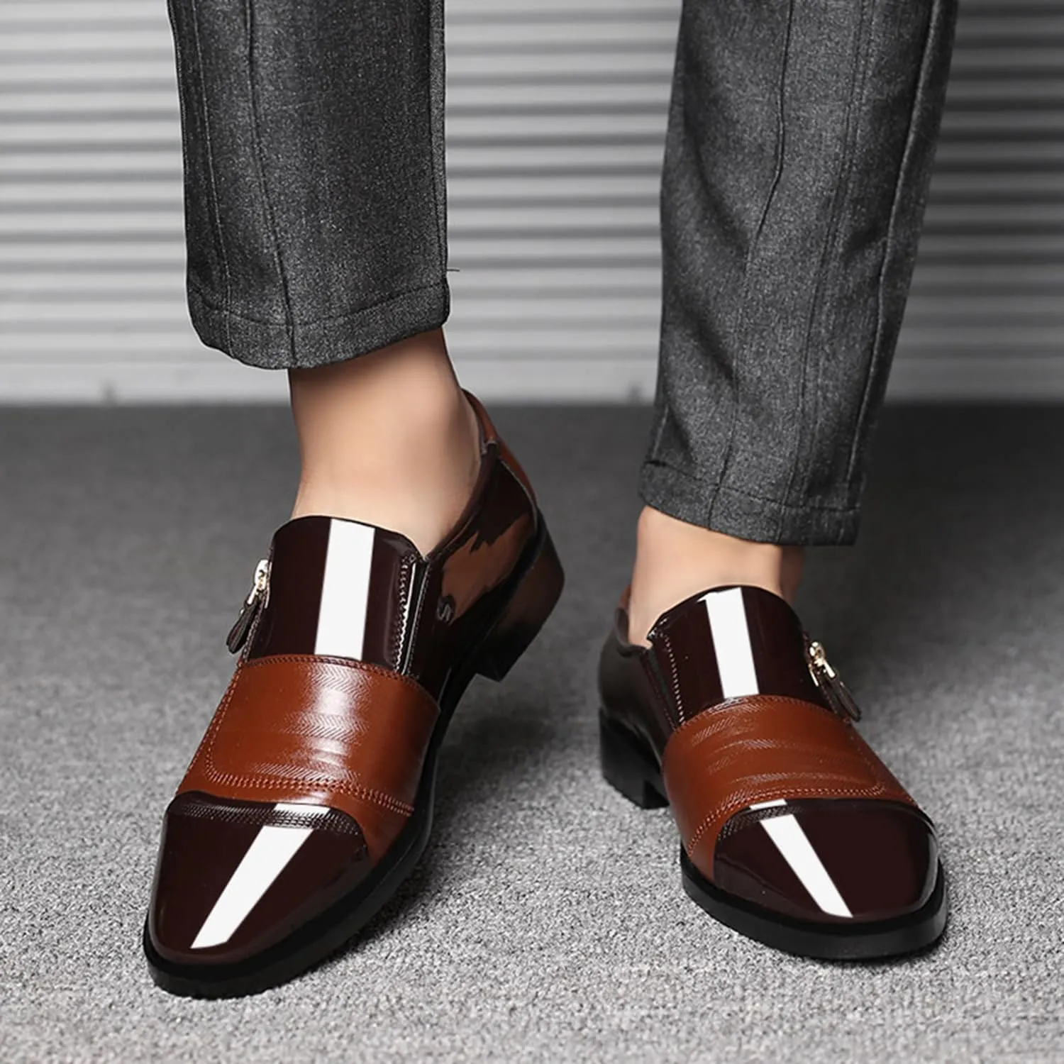 Men's Zipper Dress Shoes Patent Leather Loafers Classic Moccasins Oxford Formal Business Tuxedo Shoes