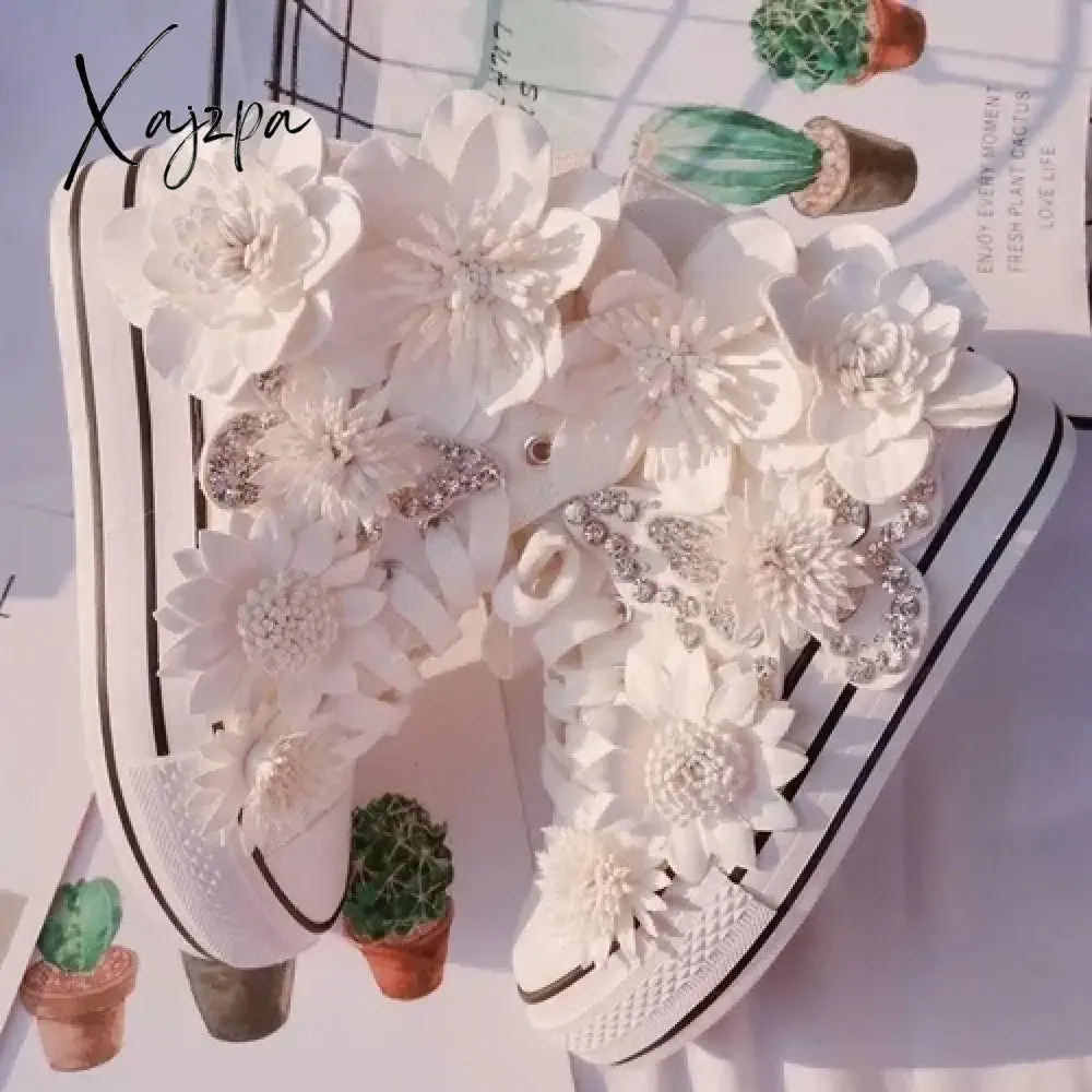 New White Inner Height-increasing Vulcanized Shoes Original Butterfly Flower High-top Canvas Shoes Sweet Lace-up Women's Shoes