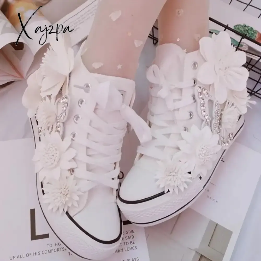 New White Inner Height-increasing Vulcanized Shoes Original Butterfly Flower High-top Canvas Shoes Sweet Lace-up Women's Shoes