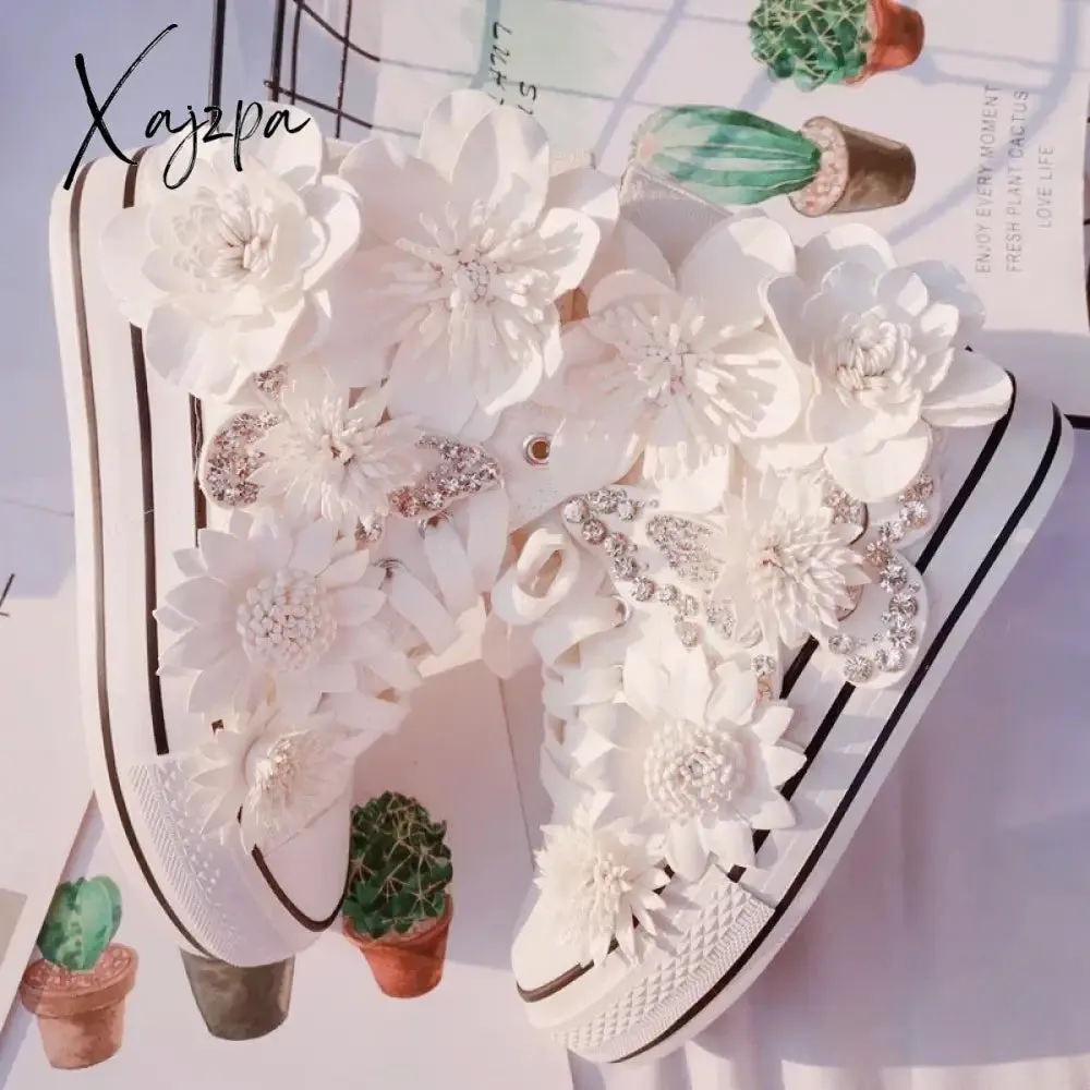 New White Inner Height-increasing Vulcanized Shoes Original Butterfly Flower High-top Canvas Shoes Sweet Lace-up Women's Shoes