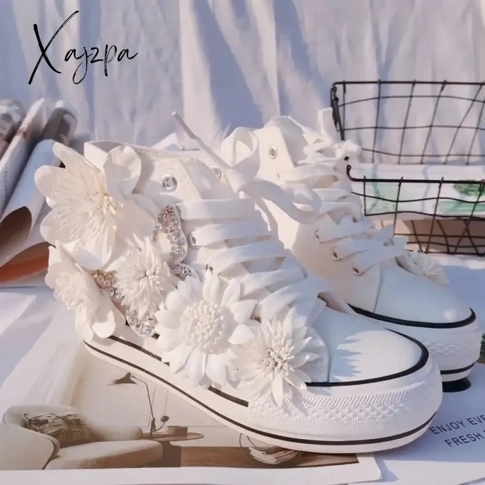 New White Inner Height-increasing Vulcanized Shoes Original Butterfly Flower High-top Canvas Shoes Sweet Lace-up Women's Shoes