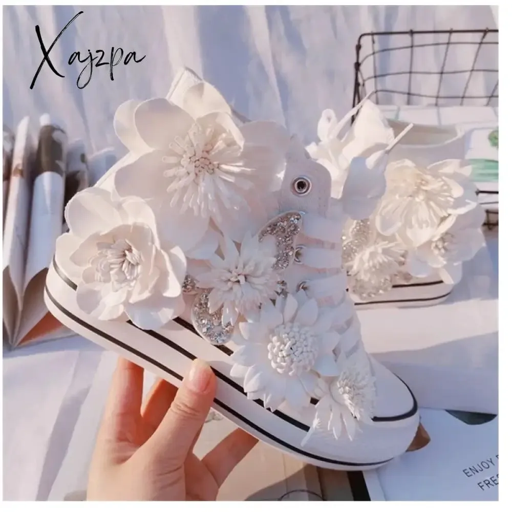 New White Inner Height-increasing Vulcanized Shoes Original Butterfly Flower High-top Canvas Shoes Sweet Lace-up Women's Shoes