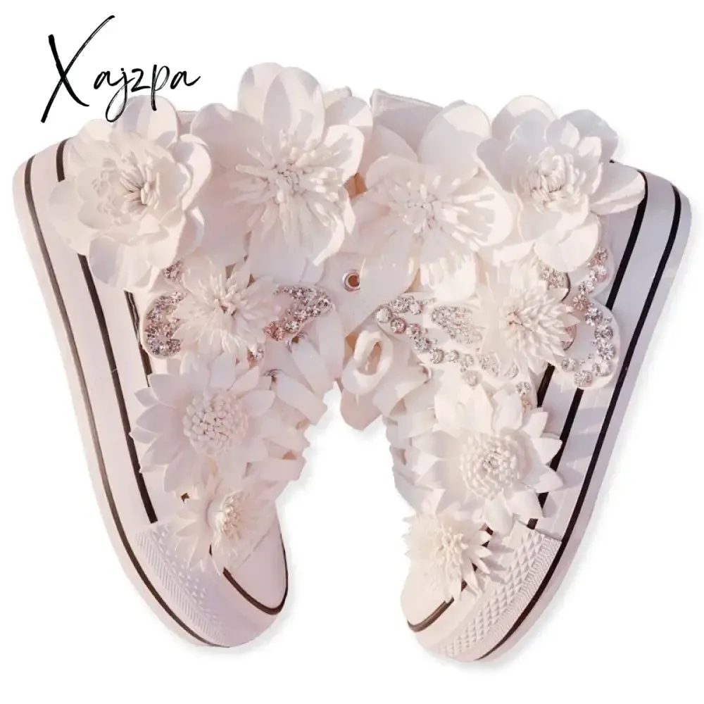 New White Inner Height-increasing Vulcanized Shoes Original Butterfly Flower High-top Canvas Shoes Sweet Lace-up Women's Shoes
