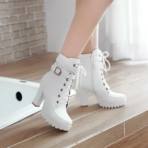 New Women's High Heels White Boots – 10cm Thick Heel, Round Toe Zipper Mom Boots, Classic Elegant Female Shoes