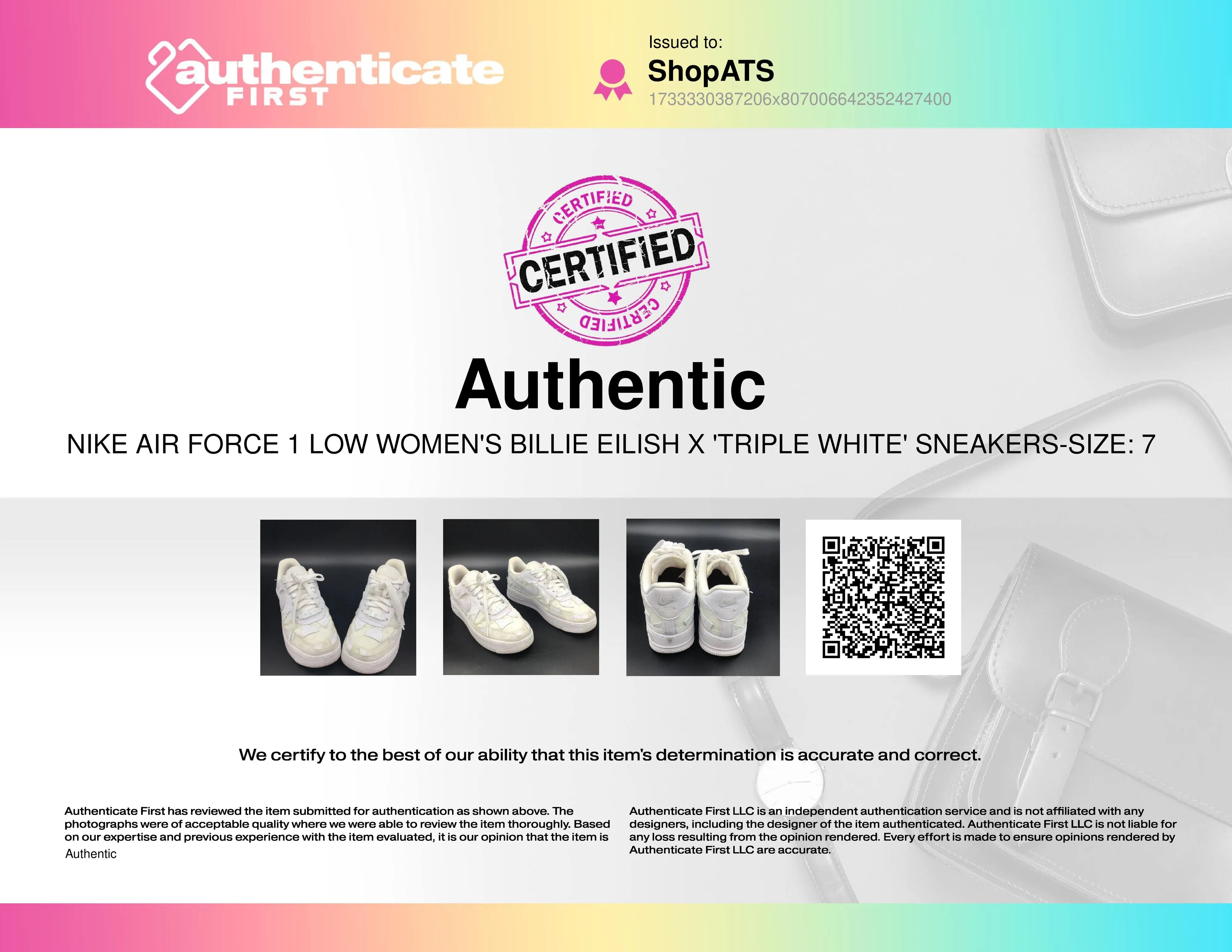 Nike Air Force 1 Low Women's Billie Eilish Triple White Sneakers-Size: 7 ( COA)