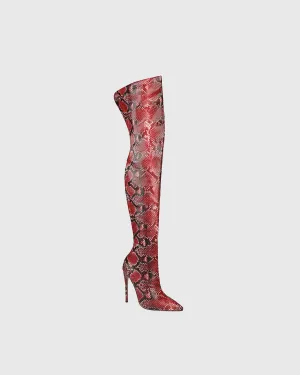 Nives Snake Print Over The Knee Boots In Red