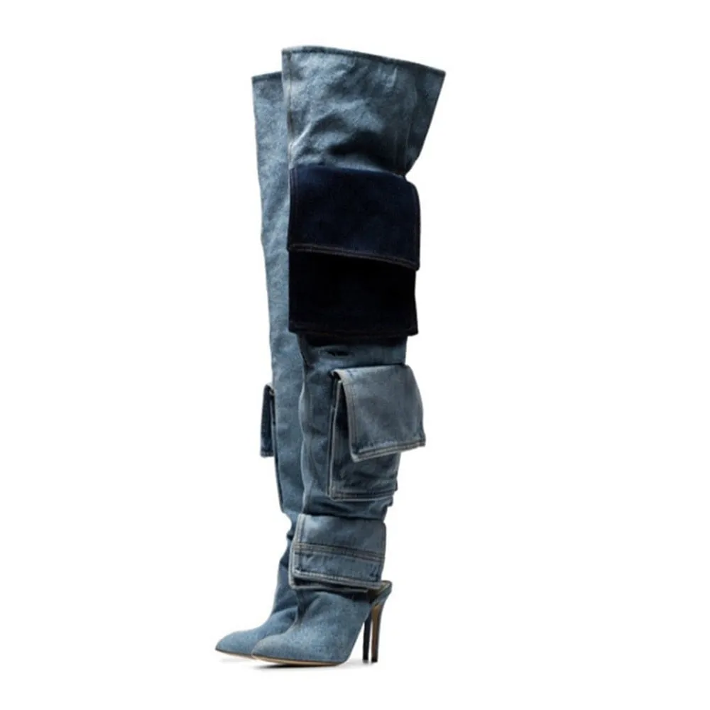 Over-The-Knee Patchwork Denim Boots