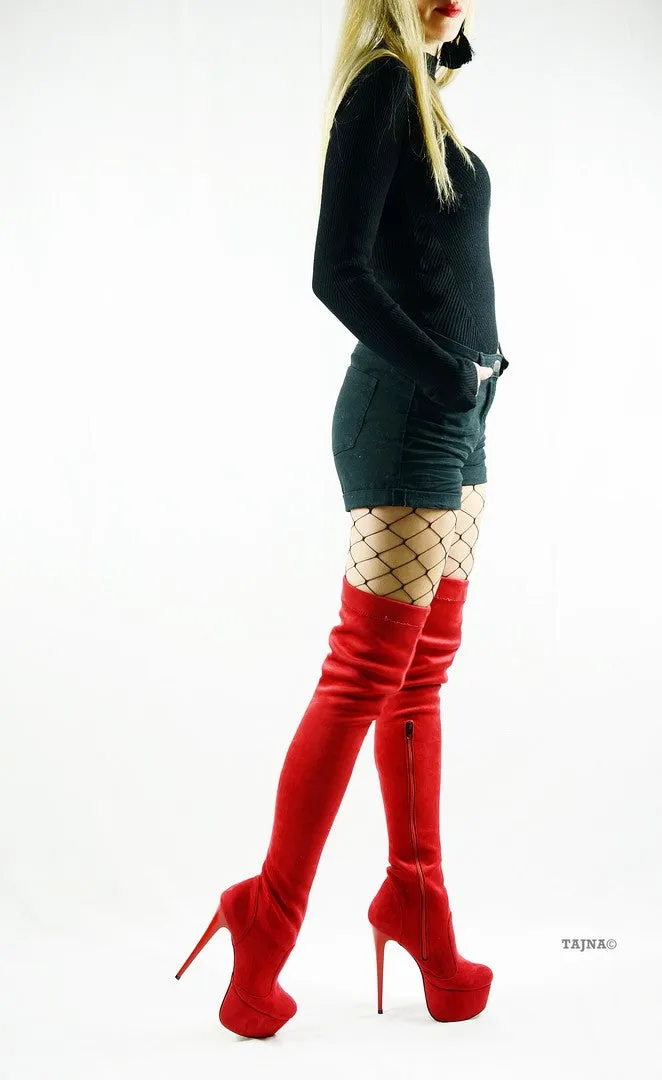 Red Strech Suede Knee High Boots