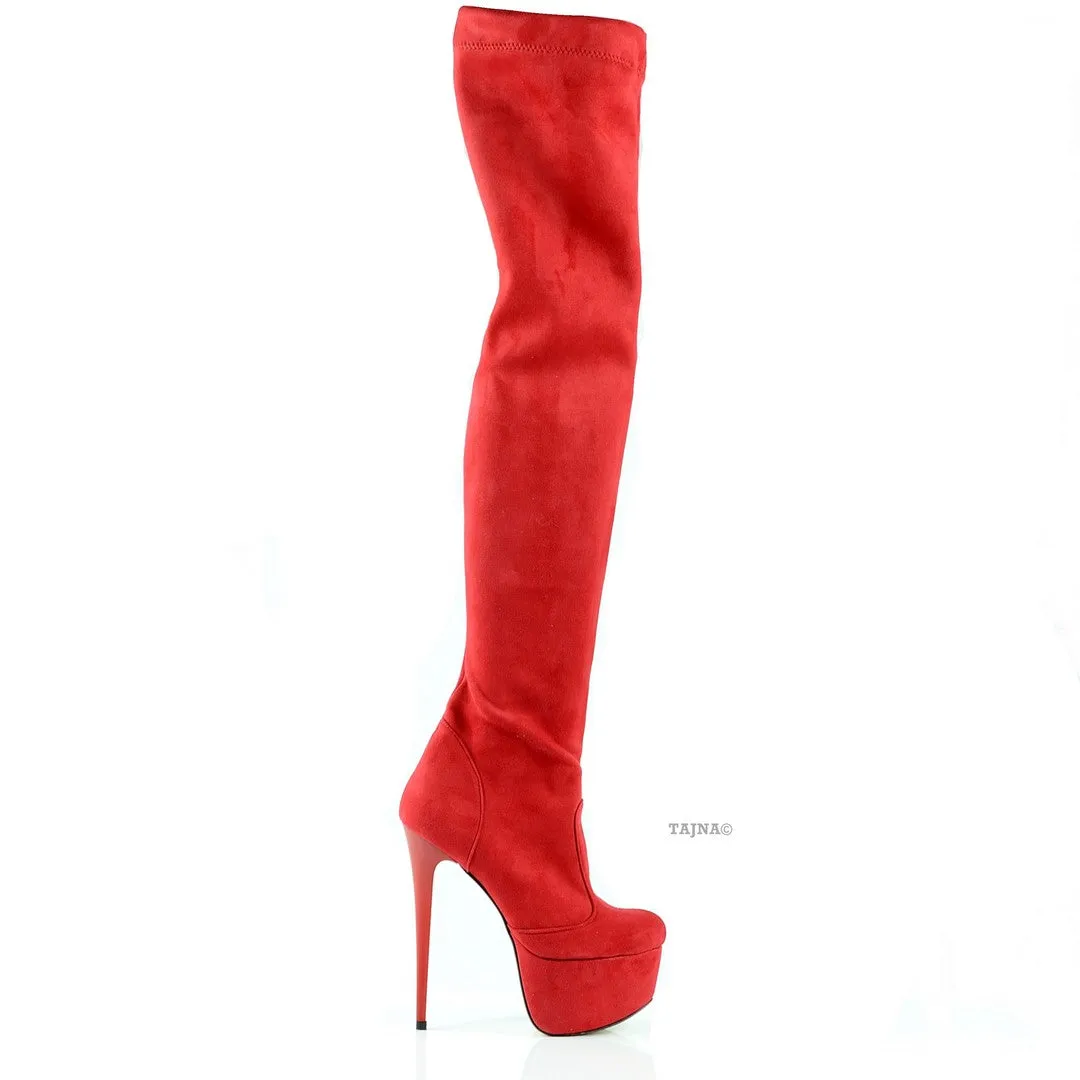 Red Strech Suede Knee High Boots