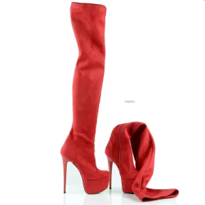 Red Strech Suede Knee High Boots