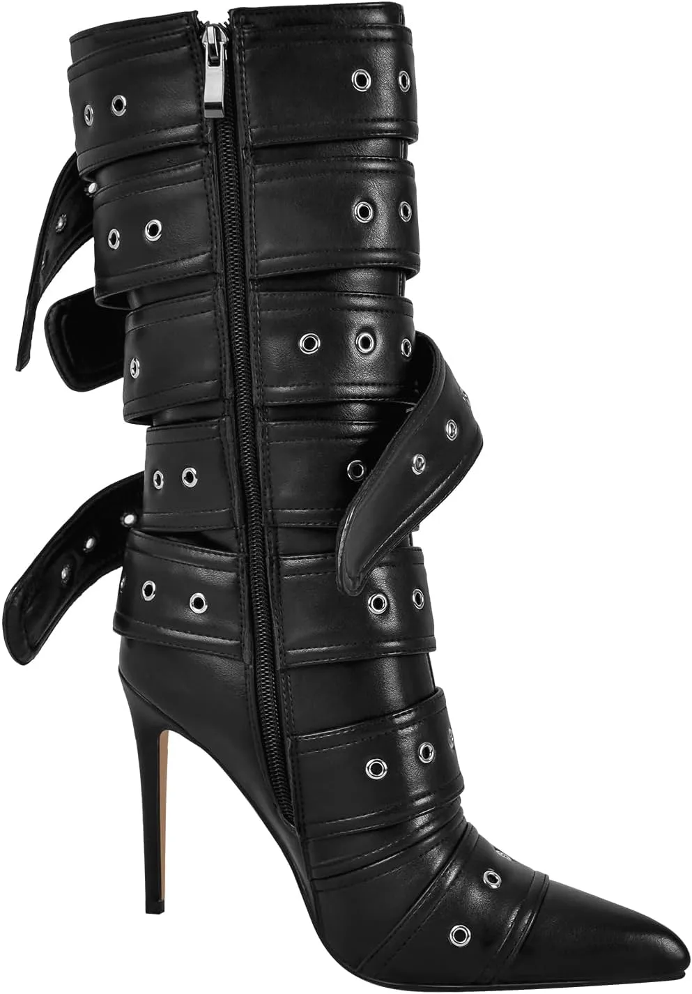 richealnini Sexy Pointed Toe Ankle Boots with Chains and Buckles Side Zip Up Stiletto Heel Mid Calf Booties
