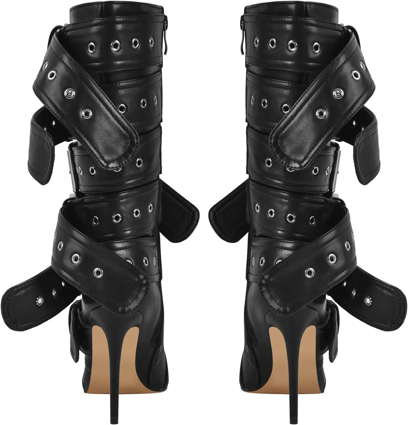 richealnini Sexy Pointed Toe Ankle Boots with Chains and Buckles Side Zip Up Stiletto Heel Mid Calf Booties