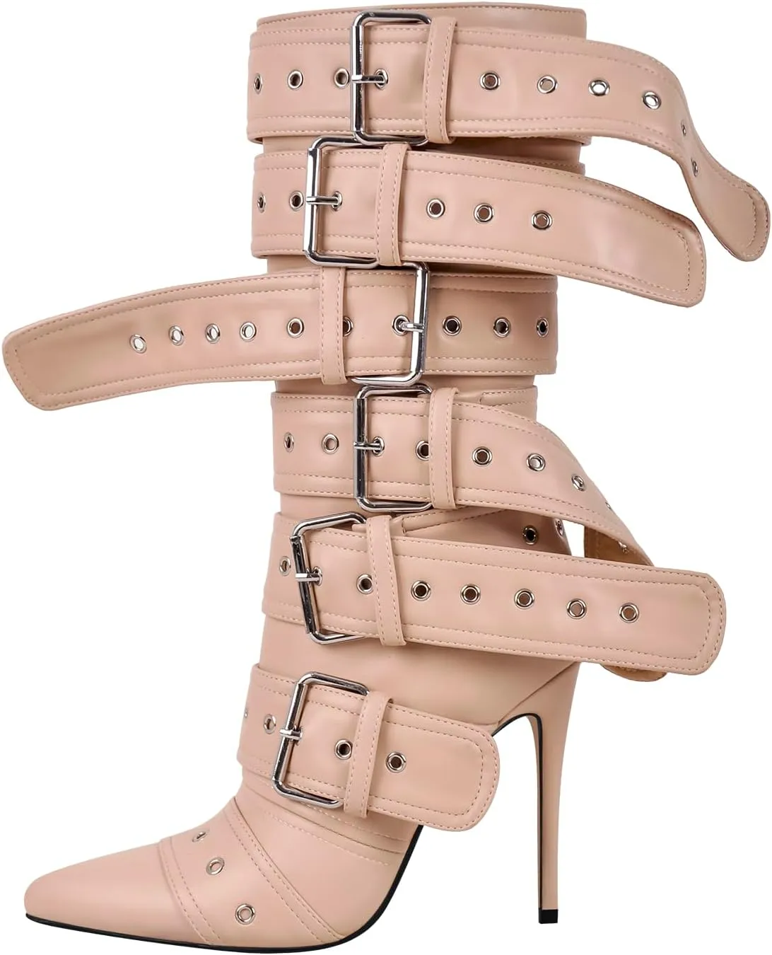richealnini Sexy Pointed Toe Ankle Boots with Chains and Buckles Side Zip Up Stiletto Heel Mid Calf Booties