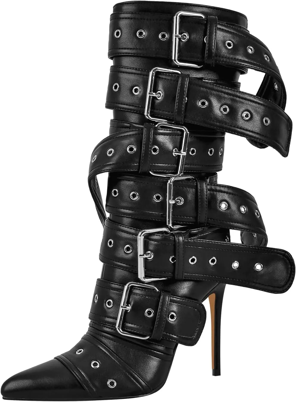 richealnini Sexy Pointed Toe Ankle Boots with Chains and Buckles Side Zip Up Stiletto Heel Mid Calf Booties