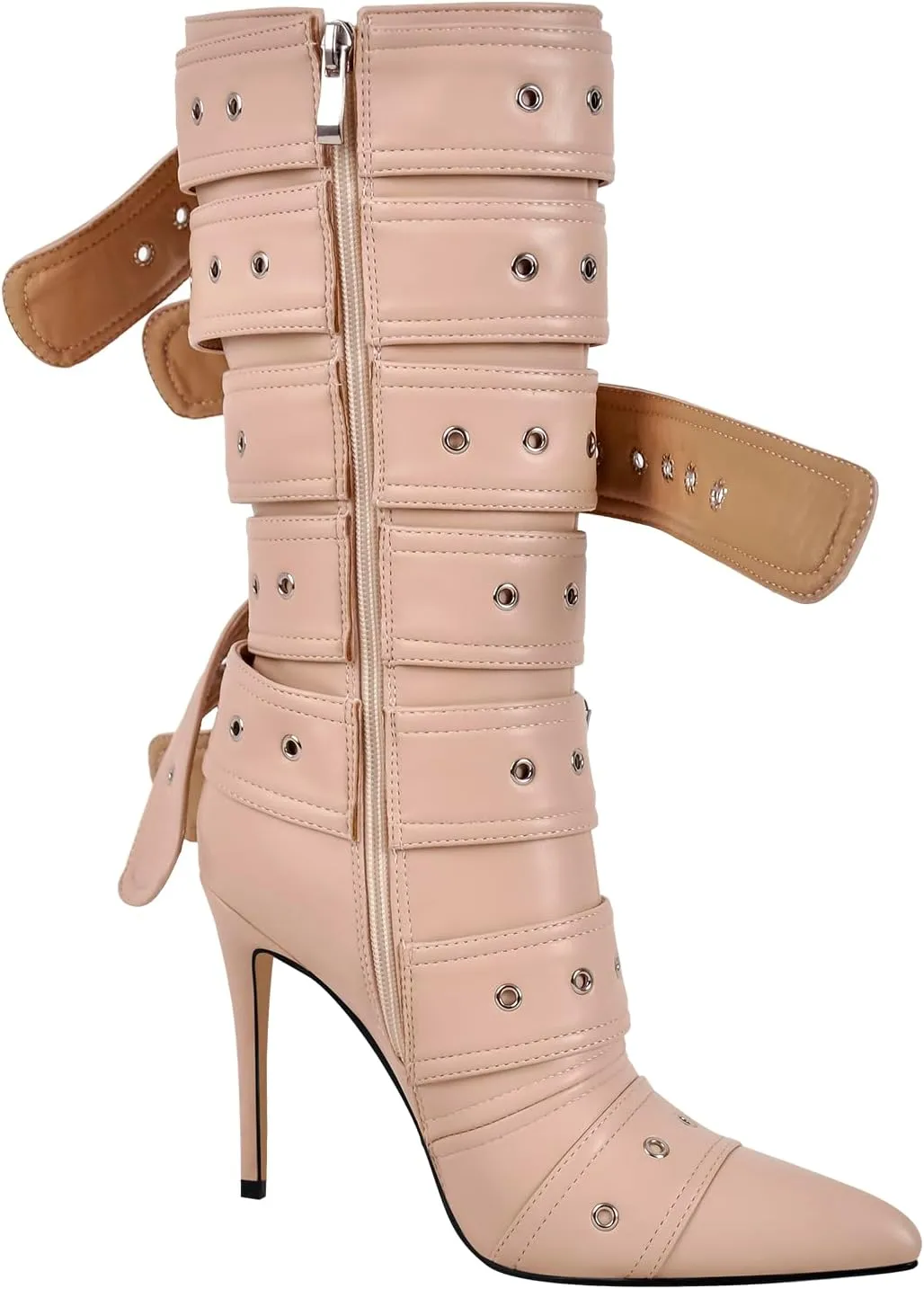 richealnini Sexy Pointed Toe Ankle Boots with Chains and Buckles Side Zip Up Stiletto Heel Mid Calf Booties