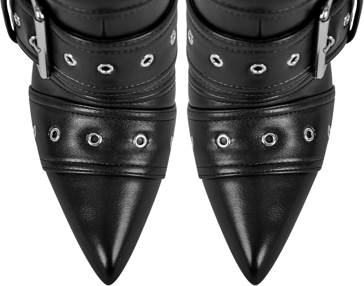 richealnini Sexy Pointed Toe Ankle Boots with Chains and Buckles Side Zip Up Stiletto Heel Mid Calf Booties