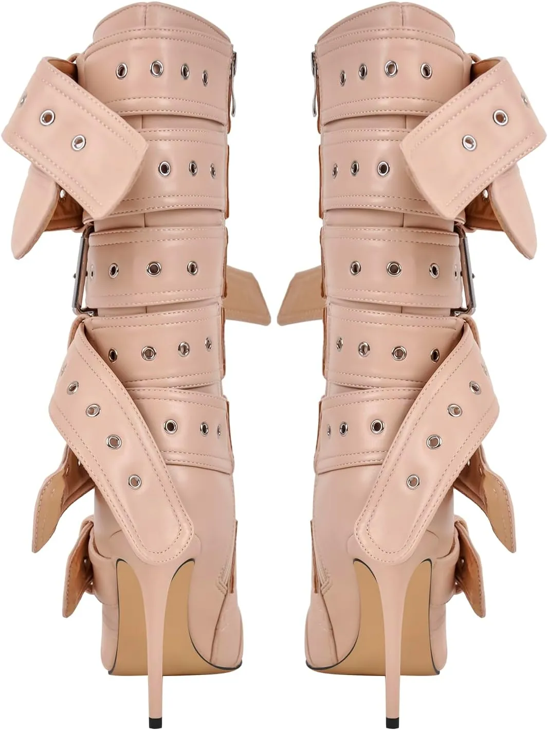 richealnini Sexy Pointed Toe Ankle Boots with Chains and Buckles Side Zip Up Stiletto Heel Mid Calf Booties