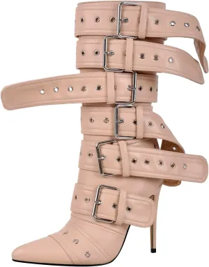 richealnini Sexy Pointed Toe Ankle Boots with Chains and Buckles Side Zip Up Stiletto Heel Mid Calf Booties